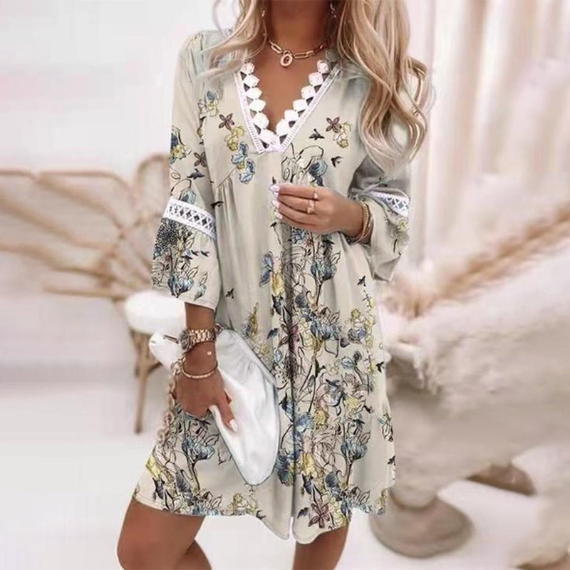 Alena | Women’s Boho Mini Dress with Lace Neckline