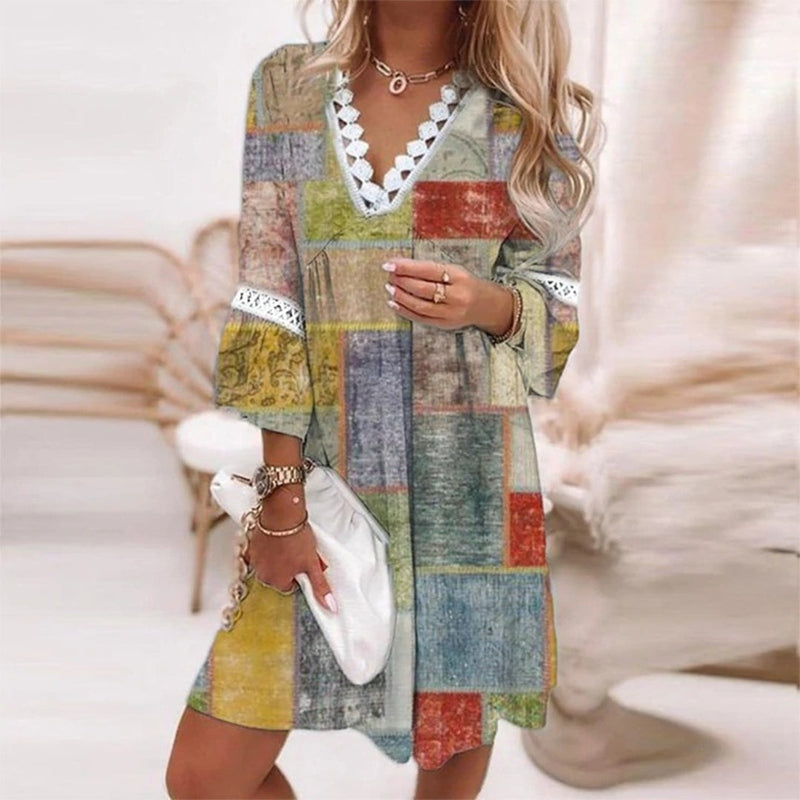 Alena | Women’s Boho Mini Dress with Lace Neckline