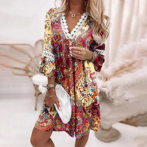 Alena | Women’s Boho Mini Dress with Lace Neckline