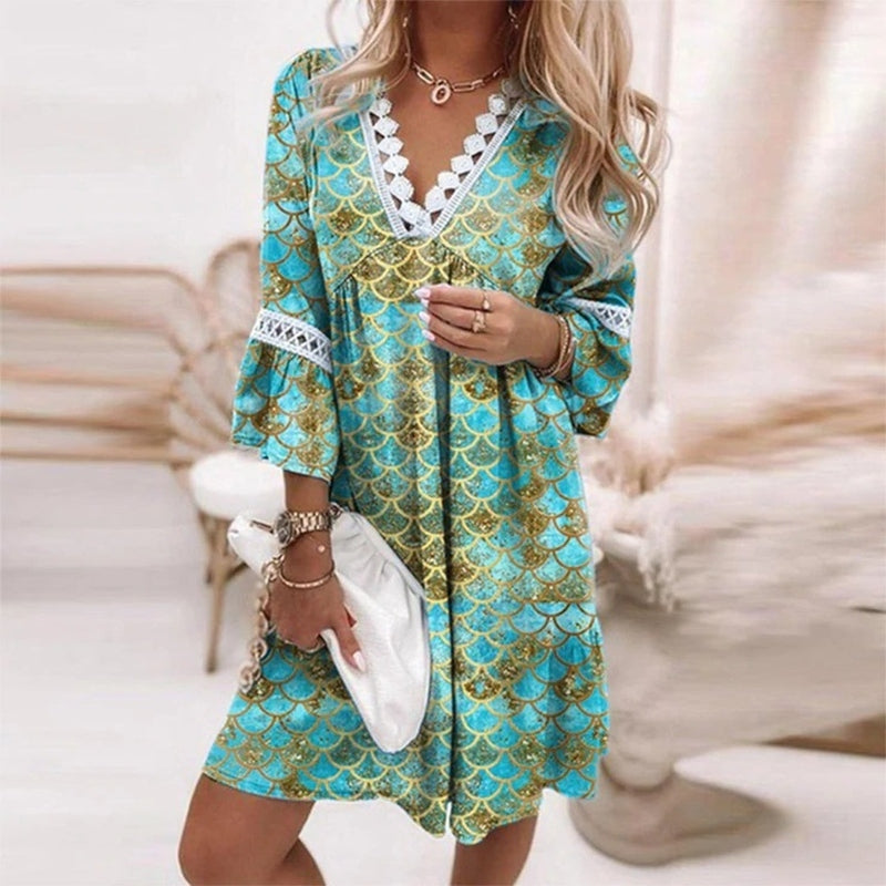 Alena | Women’s Boho Mini Dress with Lace Neckline