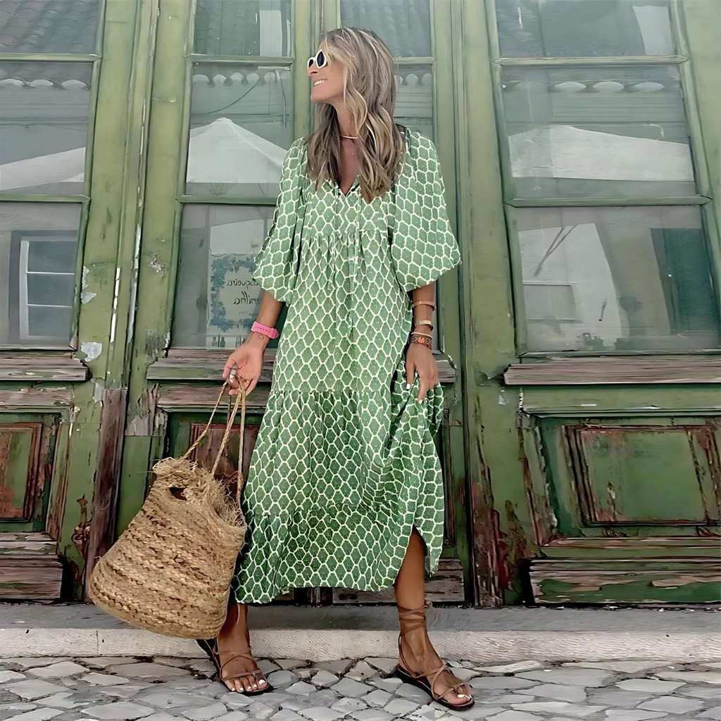 Cassandra | Women’s Geometric Print High-Low Dress with Movement
