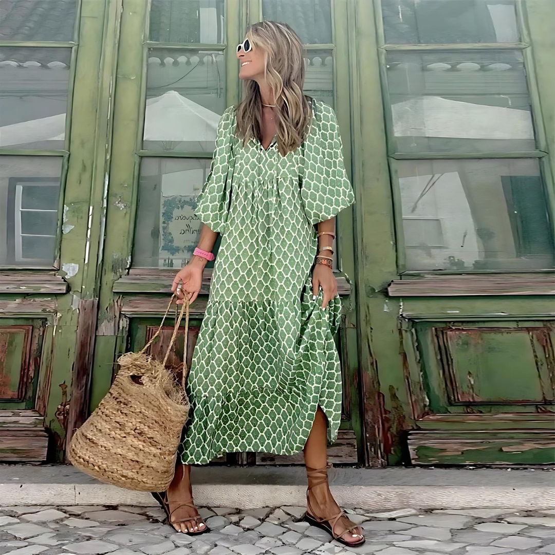 Cassandra | Women’s Geometric Print High-Low Dress with Movement
