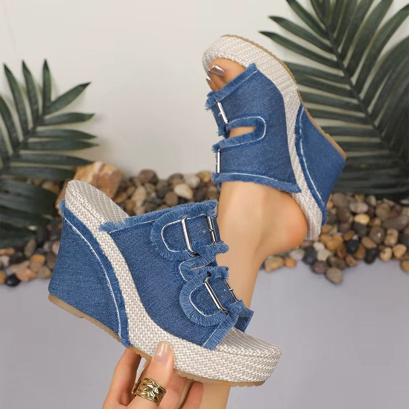UrbanChic | Women’s Chunky Buckle Wedge Sandals with Cushioning