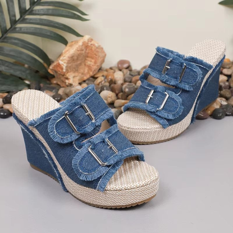 UrbanChic | Women’s Chunky Buckle Wedge Sandals with Cushioning