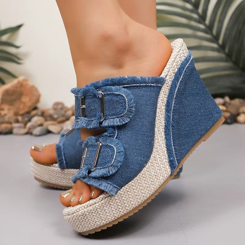 UrbanChic | Women’s Chunky Buckle Wedge Sandals with Cushioning