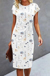 Estelle | Women's Floral Print Midi Dress Short Sleeve Round Neck Casual Dress
