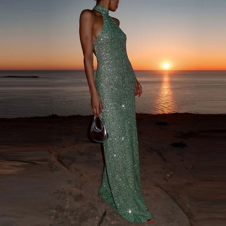 Sequin Halter Neck Maxi Dress with Elegant Fitted Silhouette