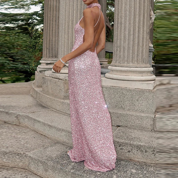 Sequin Halter Neck Maxi Dress with Elegant Fitted Silhouette