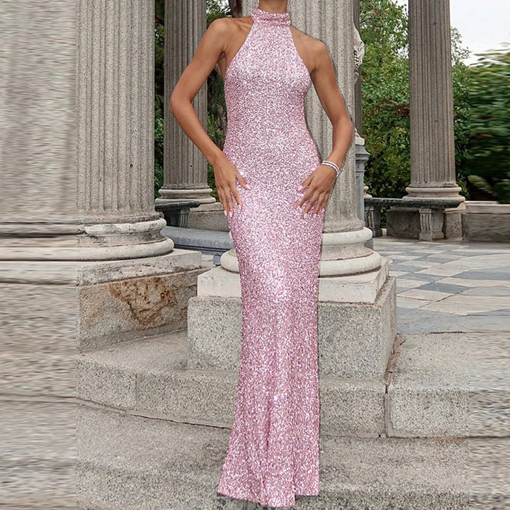 Sequin Halter Neck Maxi Dress with Elegant Fitted Silhouette