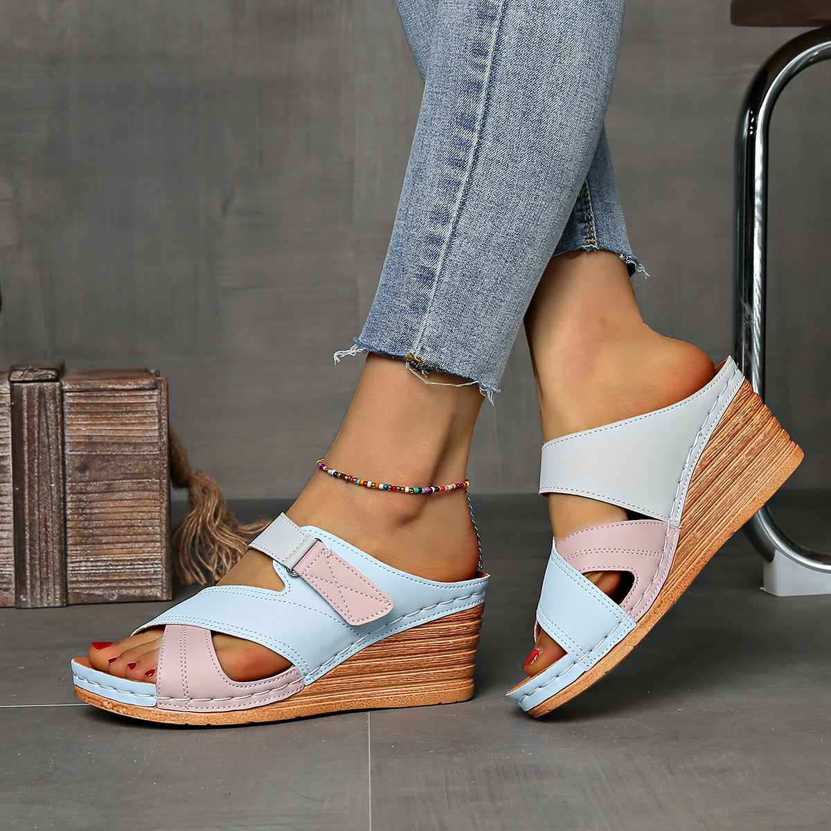 Marina | Women’s Colourblock Wedge Slides with Cushioned Sole