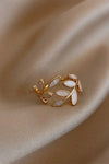 Adjustable Gold Ring with White Opal Leaf