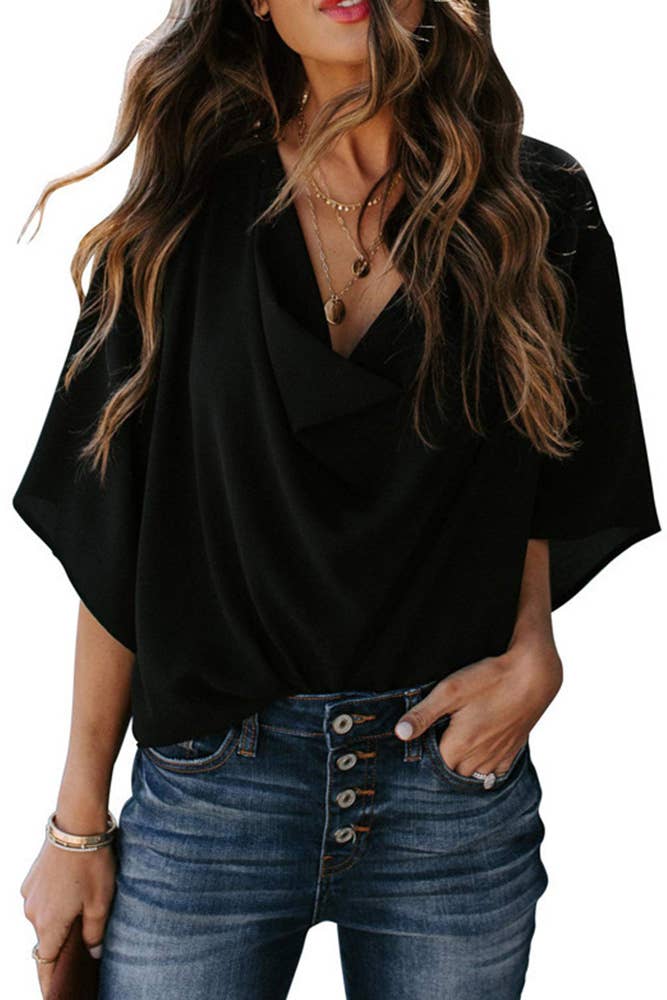 Remy | Women’s Cowl Neck Batwing Sleeve Wrap Blouse