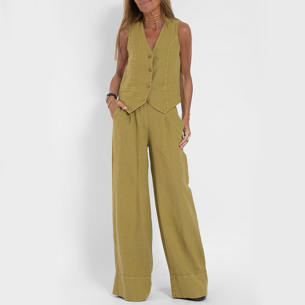 Emma Sheridan | Linen Vest &amp; Wide-Leg Pants Set For Women