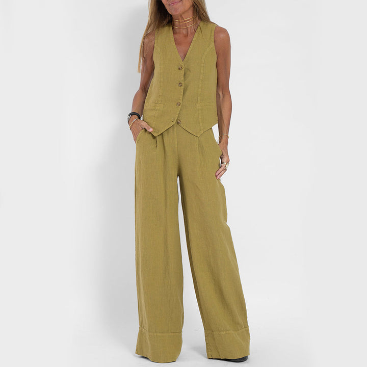 Emma Sheridan | Linen Vest &amp; Wide-Leg Pants Set For Women