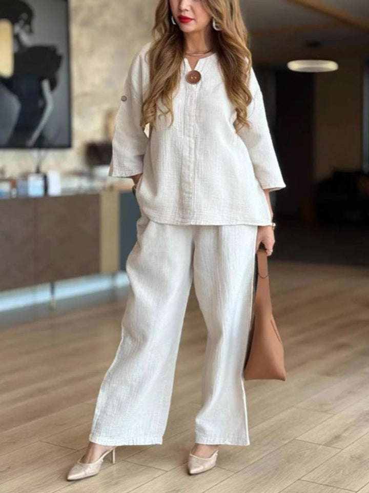 Phoebe Collins | Linen Tunic &amp; Wide Leg Palazzo Pants Set For Women