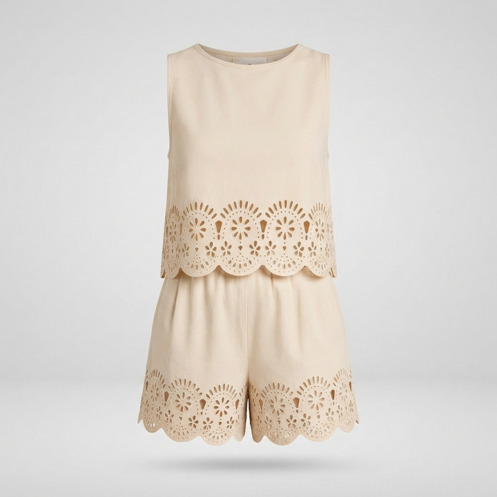 Amelia Rafferty | Eyelet Scallop Crop Tank &amp; Shorts Set For Women — Butter Yellow