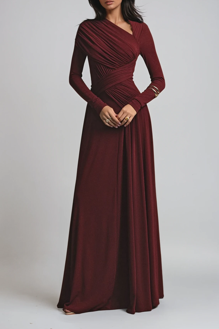Asymmetric Neckline Ruched Long Sleeve Evening Maxi Dress