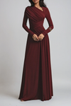 Asymmetric Neckline Ruched Long Sleeve Evening Maxi Dress