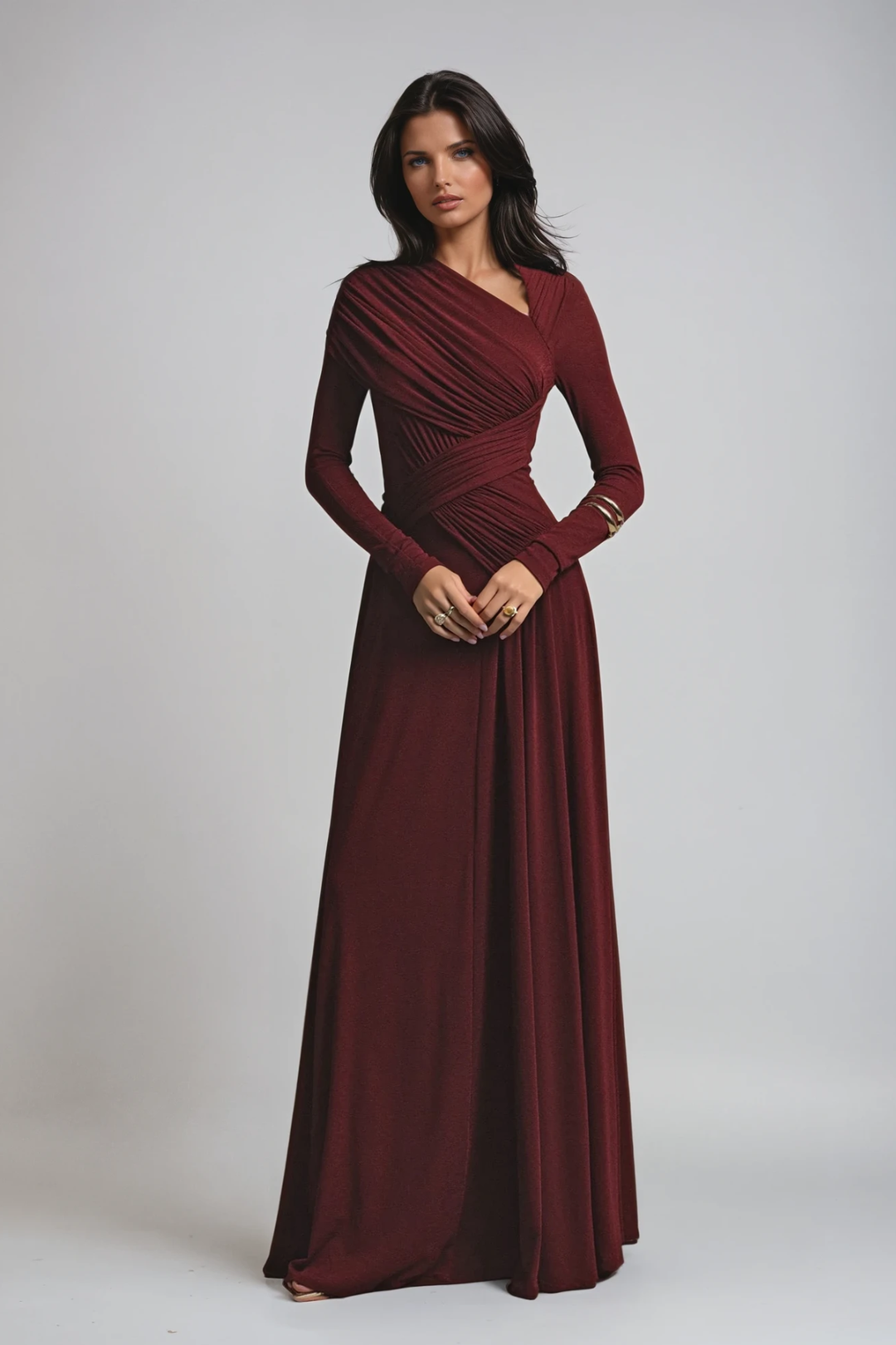 Asymmetric Neckline Ruched Long Sleeve Evening Maxi Dress