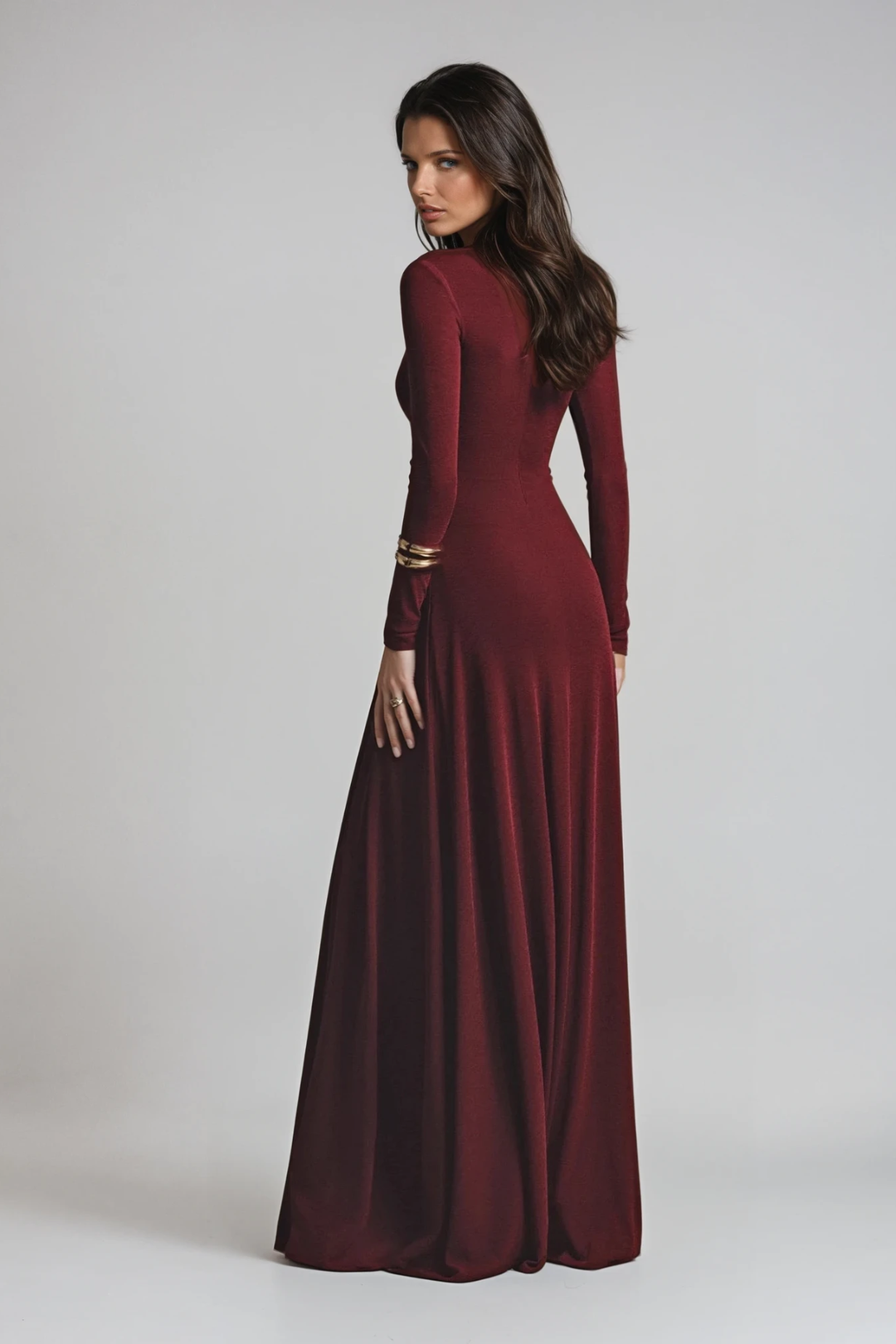 Asymmetric Neckline Ruched Long Sleeve Evening Maxi Dress