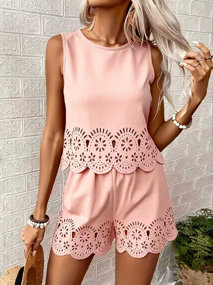 Amelia Rafferty | Eyelet Scallop Crop Tank &amp; Shorts Set For Women — Butter Yellow