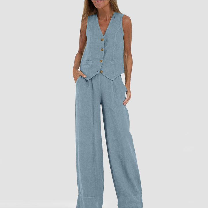 Emma Sheridan | Linen Vest &amp; Wide-Leg Pants Set For Women