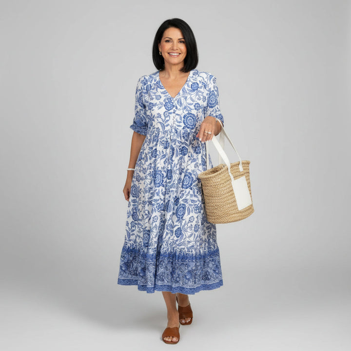 Block Print Tiered Boho Midi Dress for Summer