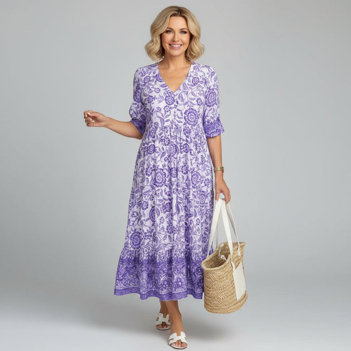 Block Print Tiered Boho Midi Dress for Summer