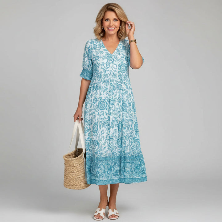 Block Print Tiered Boho Midi Dress for Summer
