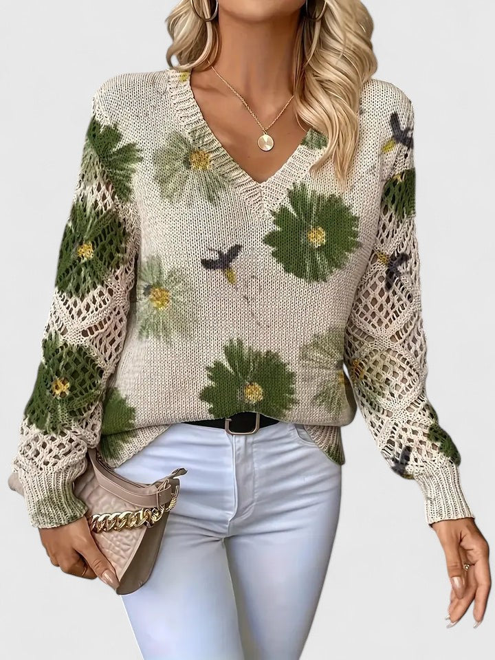 Bonnie | Women’s Floral V-Neck Sweater with Blooms