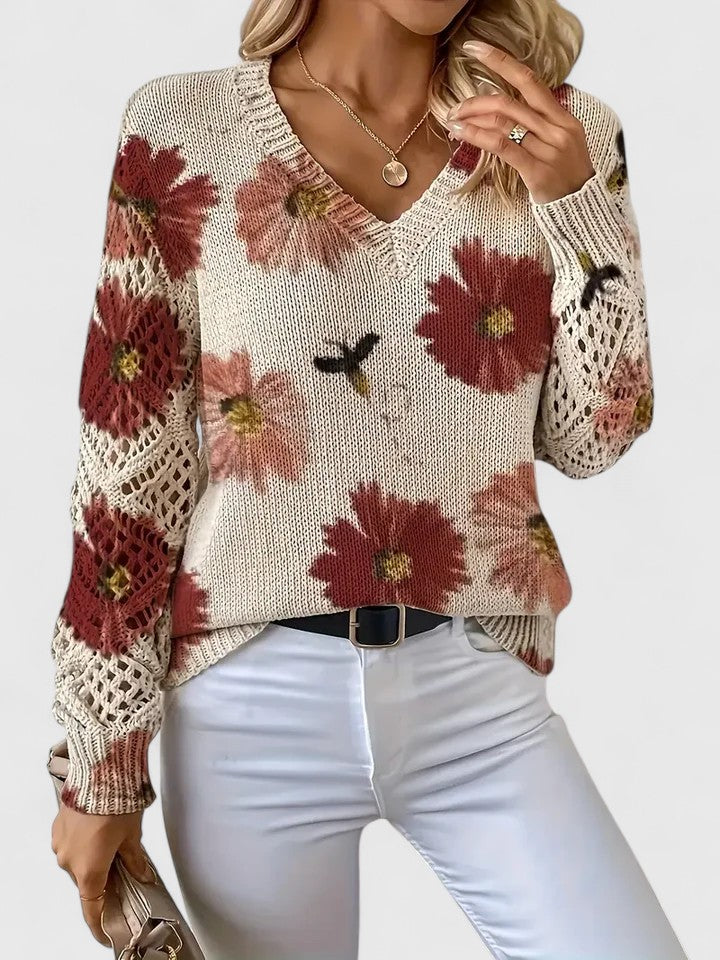 Bonnie | Women’s Floral V-Neck Sweater with Blooms