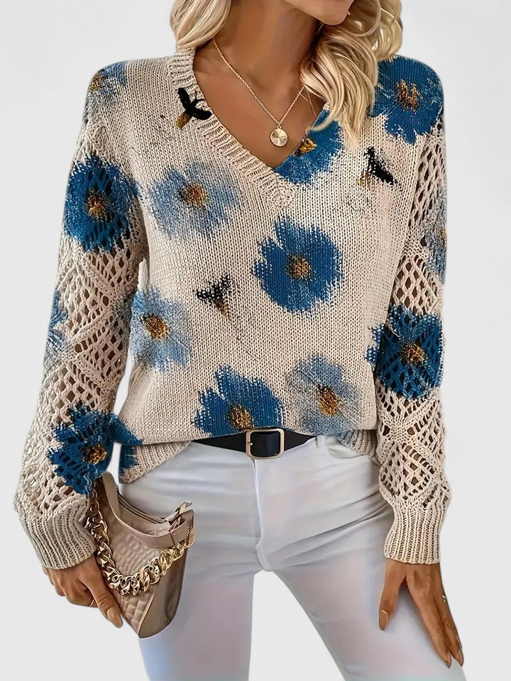 Bonnie | Women’s Floral V-Neck Sweater with Blooms