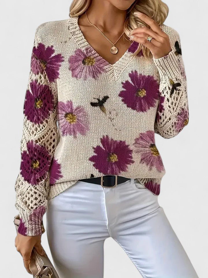 Bonnie | Women’s Floral V-Neck Sweater with Blooms