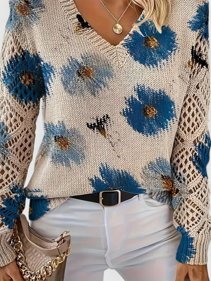 Bonnie | Women’s Floral V-Neck Sweater with Blooms