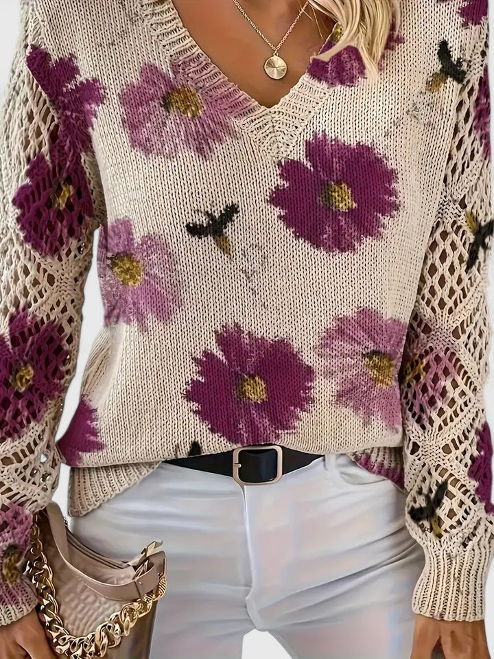 Bonnie | Women’s Floral V-Neck Sweater with Blooms