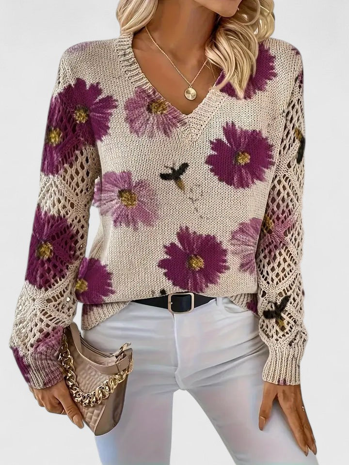 Bonnie | Women’s Floral V-Neck Sweater with Blooms