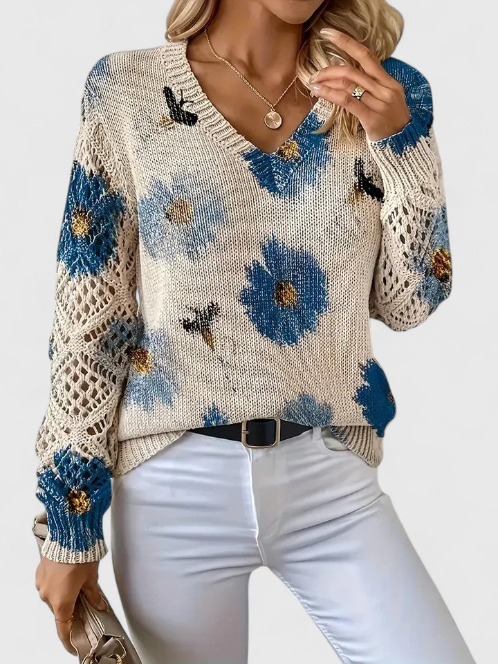 Bonnie | Women’s Floral V-Neck Sweater with Blooms