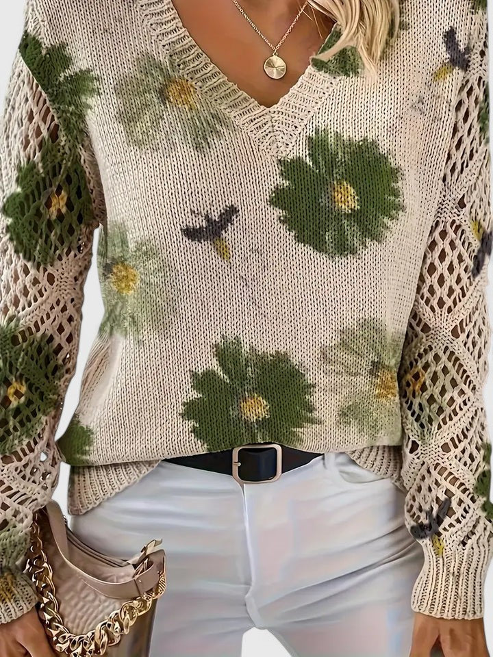 Bonnie | Women’s Floral V-Neck Sweater with Blooms