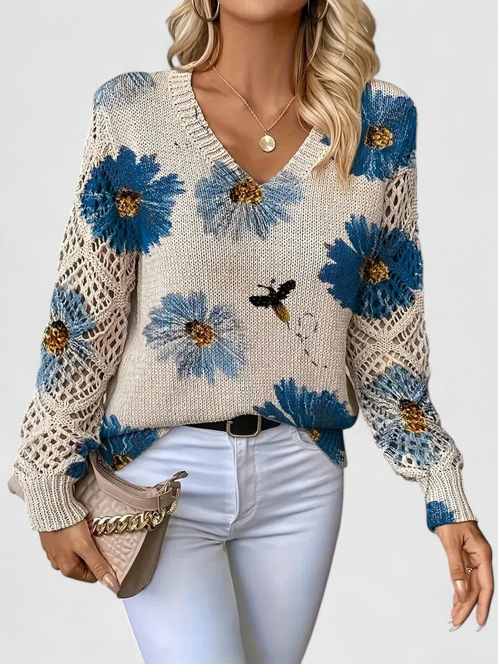 Bonnie | Women’s Floral V-Neck Sweater with Blooms