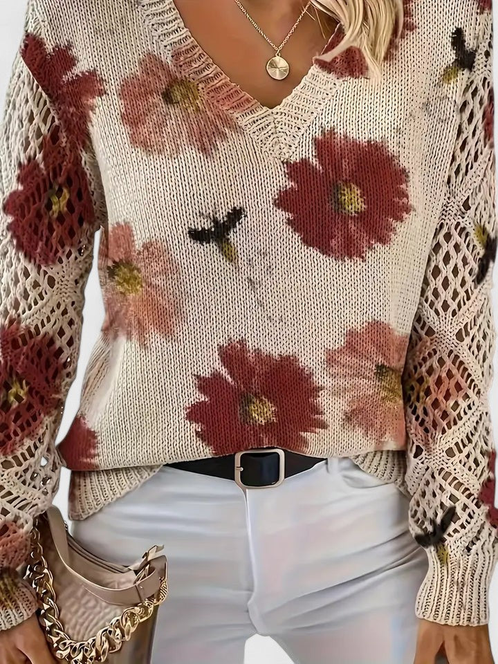 Bonnie | Women’s Floral V-Neck Sweater with Blooms