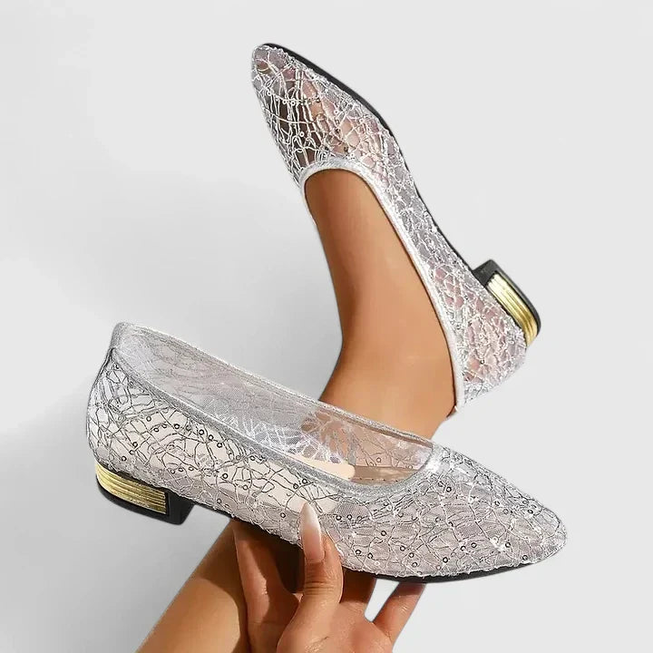 Celeste |  Women’s Lace Pointed Flats with Gold Heel