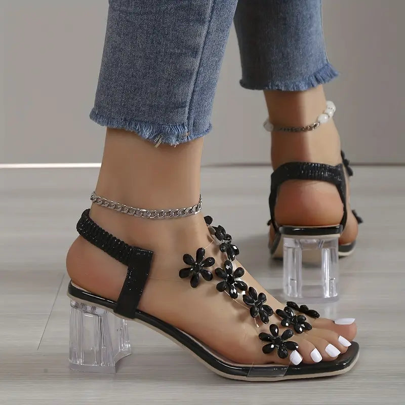 Frieda | Women’s Flower Rhinestone Sandals with Block Heel