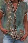 Flora | Women's Floral Print V-Neck Short Sleeve Blouse Top