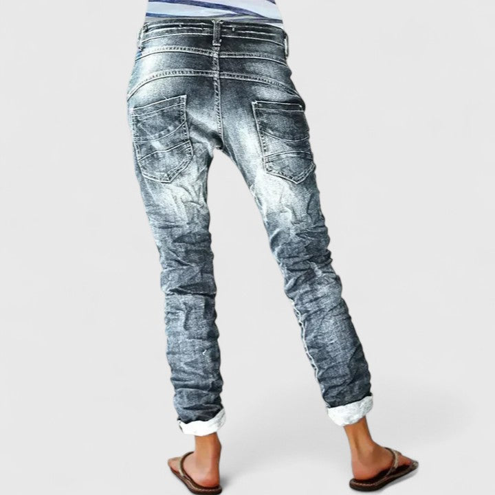 Celeste | Women’s Grey Distressed Jeans with Tapered Fit