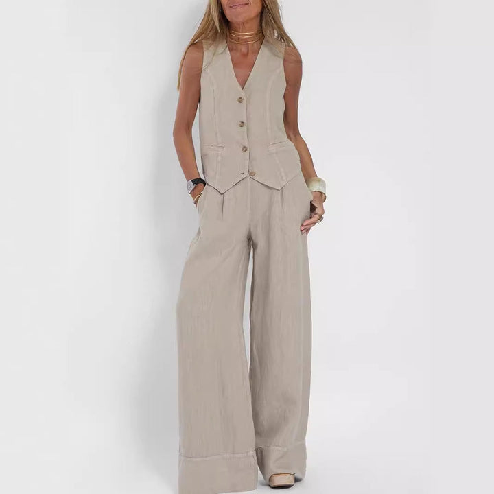Emma Sheridan | Linen Vest &amp; Wide-Leg Pants Set For Women