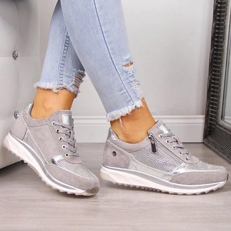 Sparkle | Women's Zip Lace-Up Trainers Rhinestone Detail
