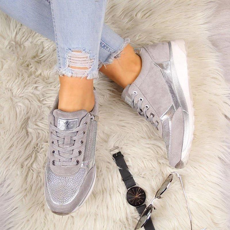 Sparkle | Women's Zip Lace-Up Trainers Rhinestone Detail