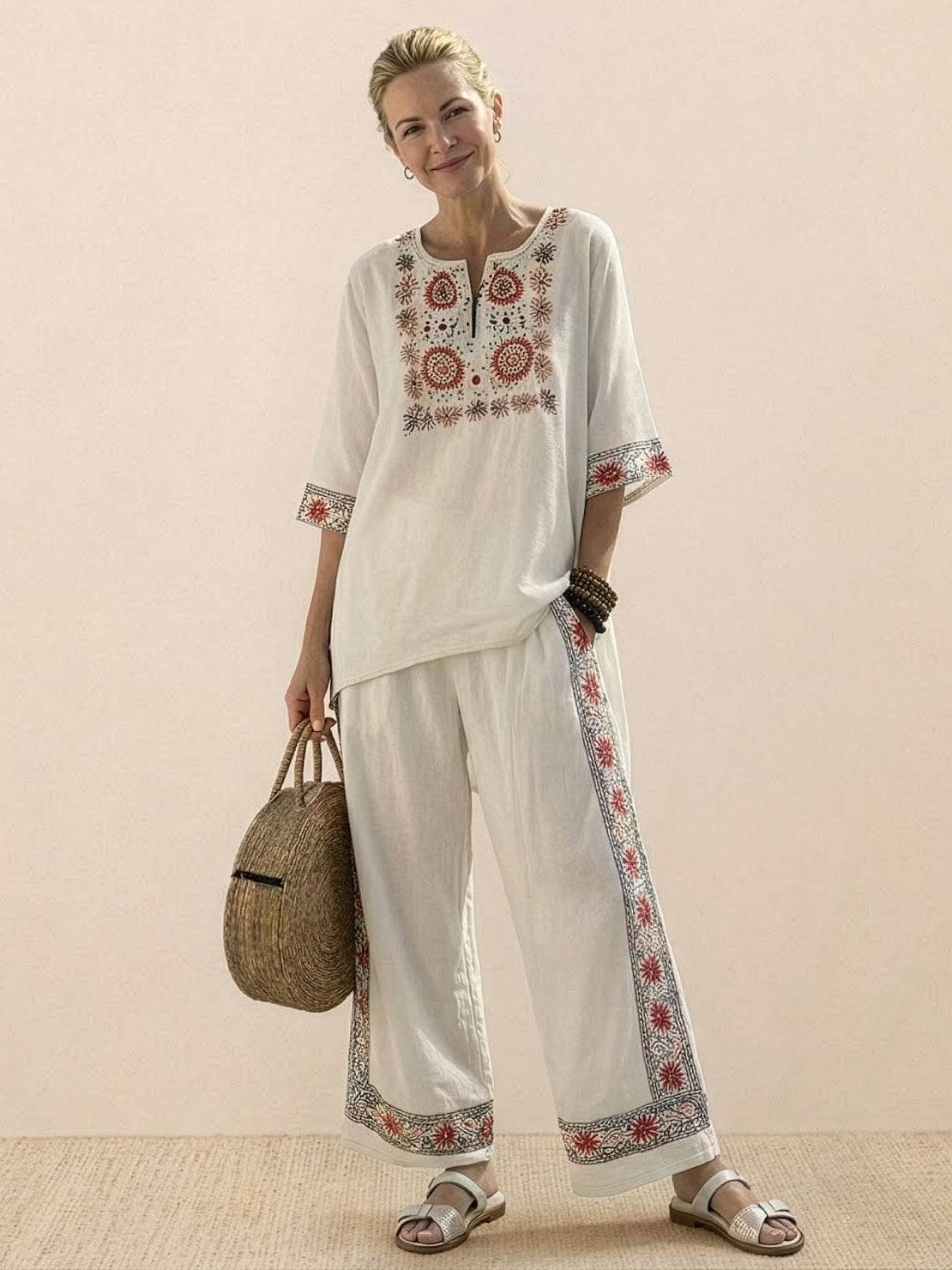 Alma | Women’s Embroidered Two-Piece Set with Floral Trim