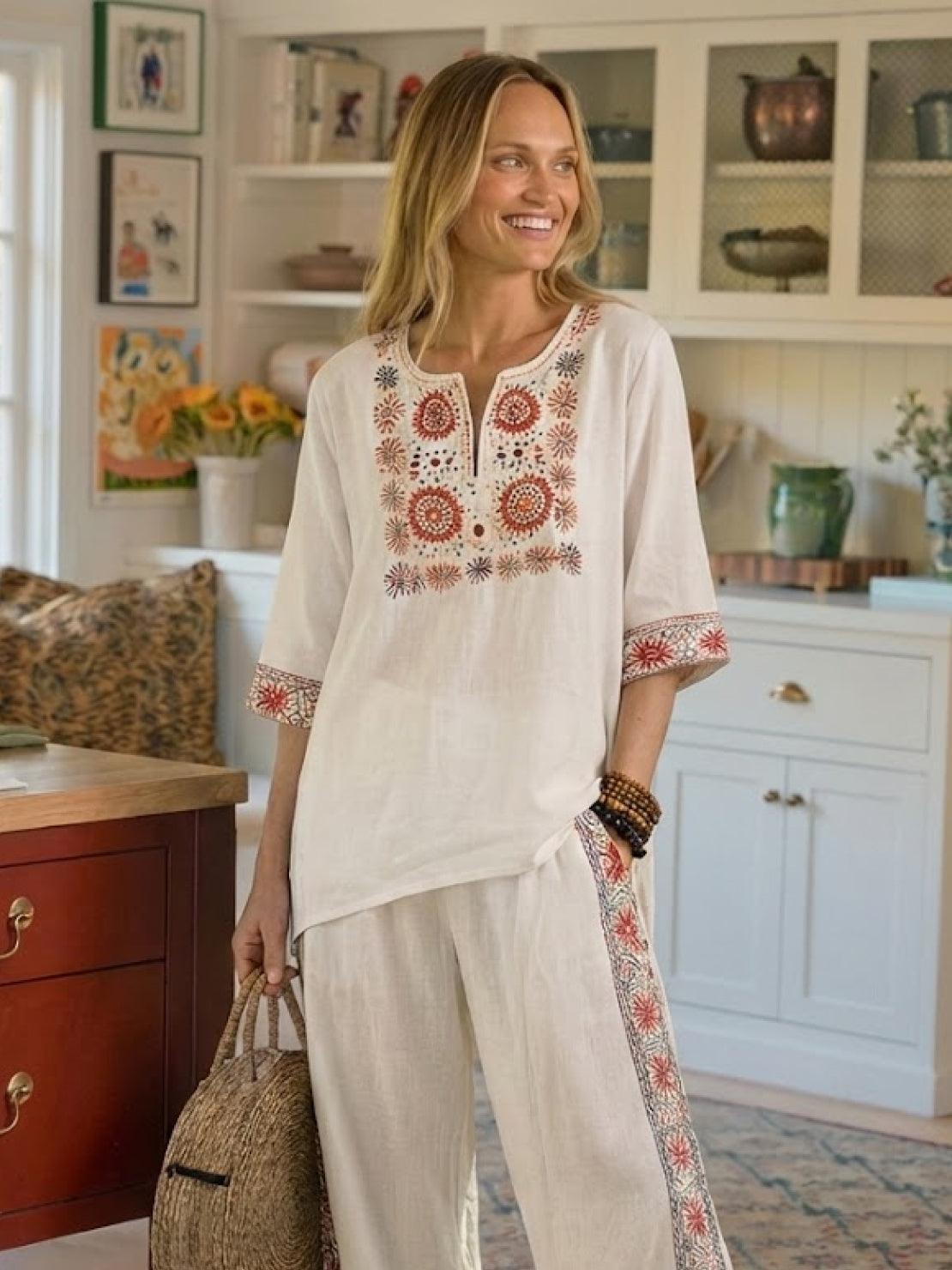 Alma | Women’s Embroidered Two-Piece Set with Floral Trim