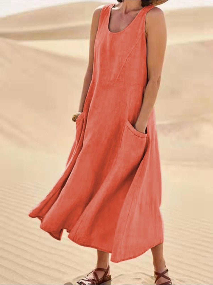 Wren | Women’s Sleeveless Midi Dress with Pocketsr